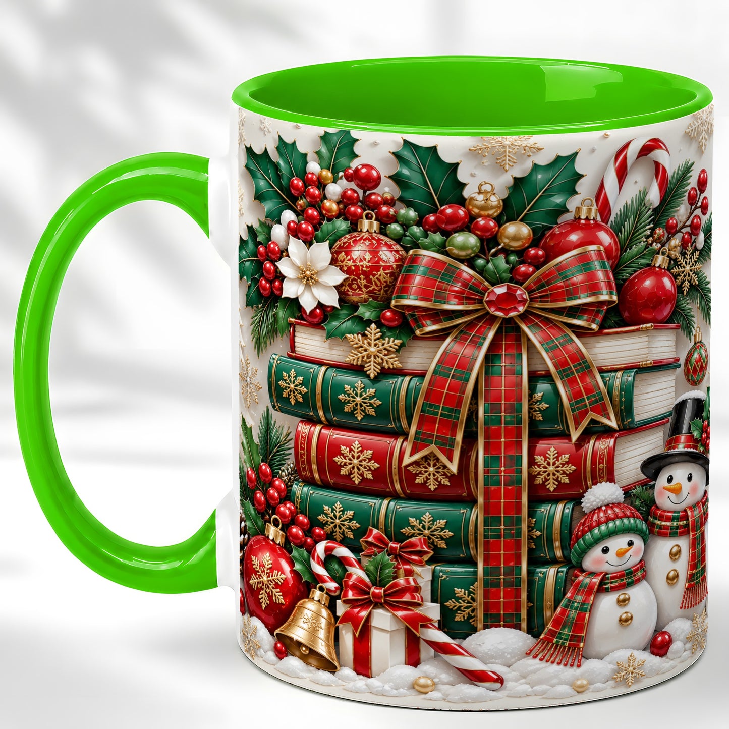 #pl[11oz|Green] Classic Book Stack Coffee Mug, Snowman Christmas Mug, Ceramic Cup