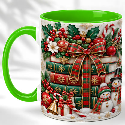 #pl[11oz|Green] Classic Book Stack Coffee Mug, Snowman Christmas Mug, Ceramic Cup