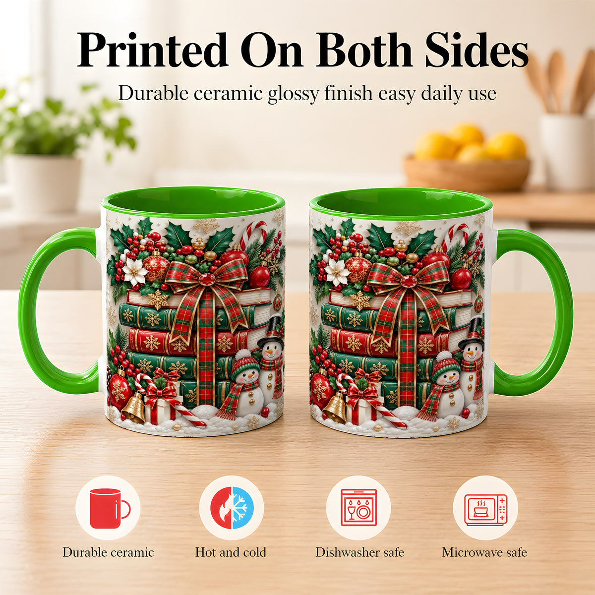 #pl[11oz|Green] Classic Book Stack Coffee Mug, Snowman Christmas Mug, Ceramic Cup