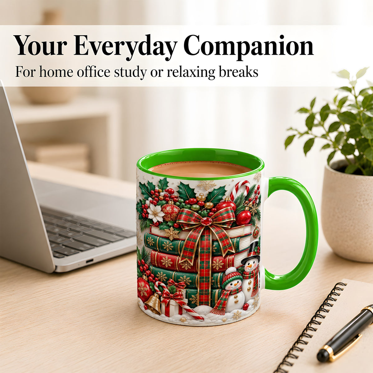 #pl[11oz|Green] Classic Book Stack Coffee Mug, Snowman Christmas Mug, Ceramic Cup