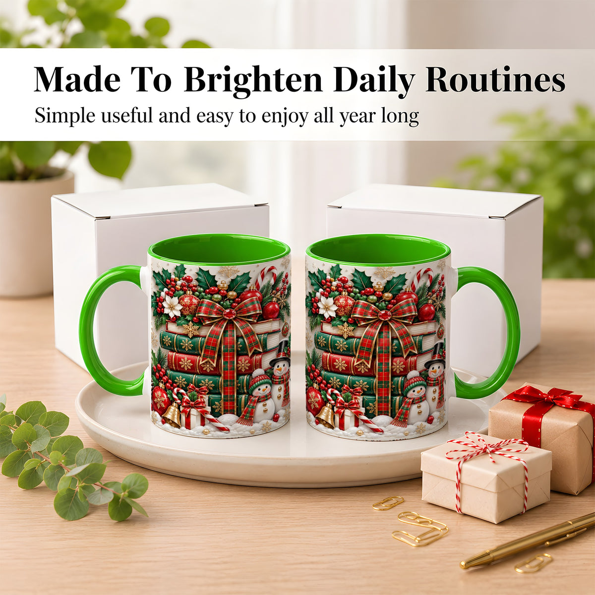 #pl[11oz|Green] Classic Book Stack Coffee Mug, Snowman Christmas Mug, Ceramic Cup