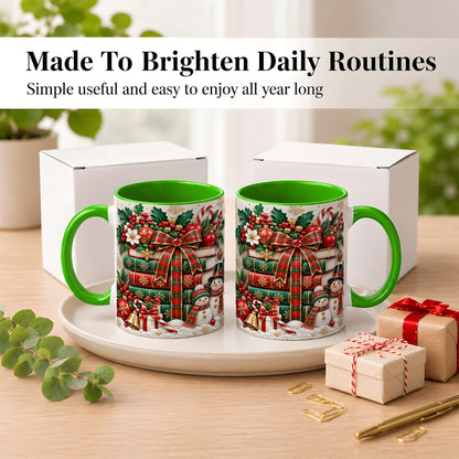 #pl[11oz|Green] Classic Book Stack Coffee Mug, Snowman Christmas Mug, Ceramic Cup