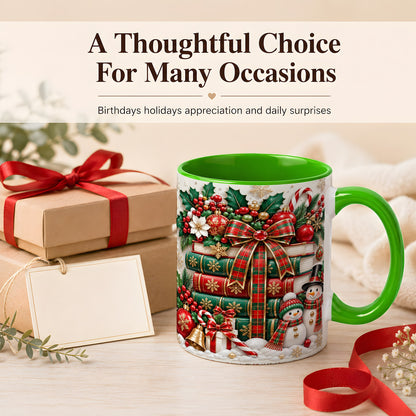 #pl[11oz|Green] Classic Book Stack Coffee Mug, Snowman Christmas Mug, Ceramic Cup