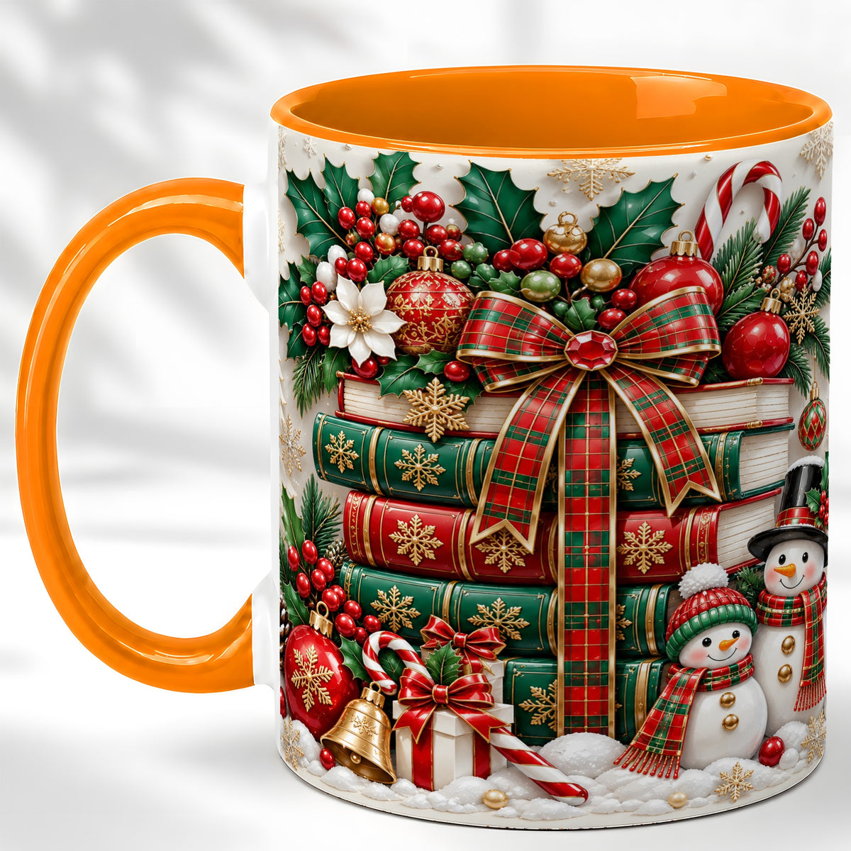 #pl[11oz|Orange] Classic Book Stack Coffee Mug, Snowman Christmas Mug, Ceramic Cup