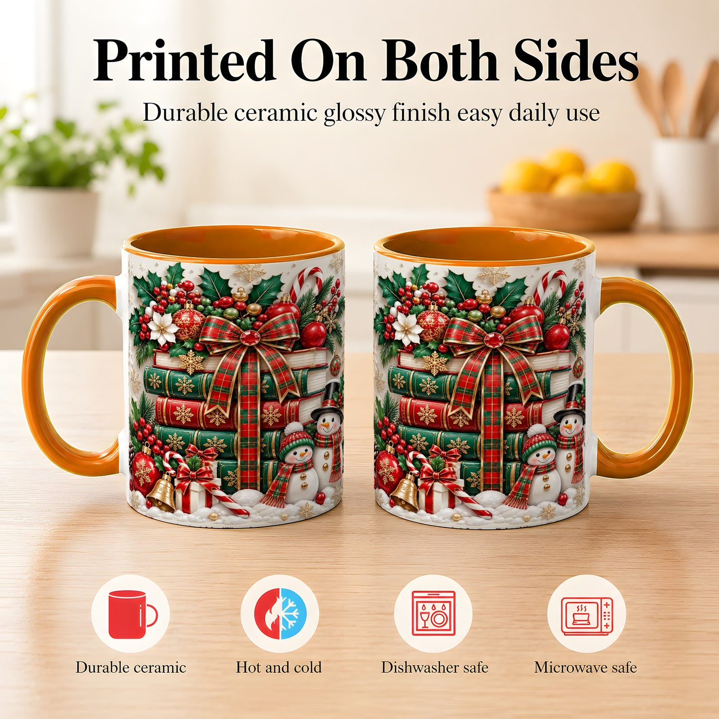 #pl[11oz|Orange] Classic Book Stack Coffee Mug, Snowman Christmas Mug, Ceramic Cup