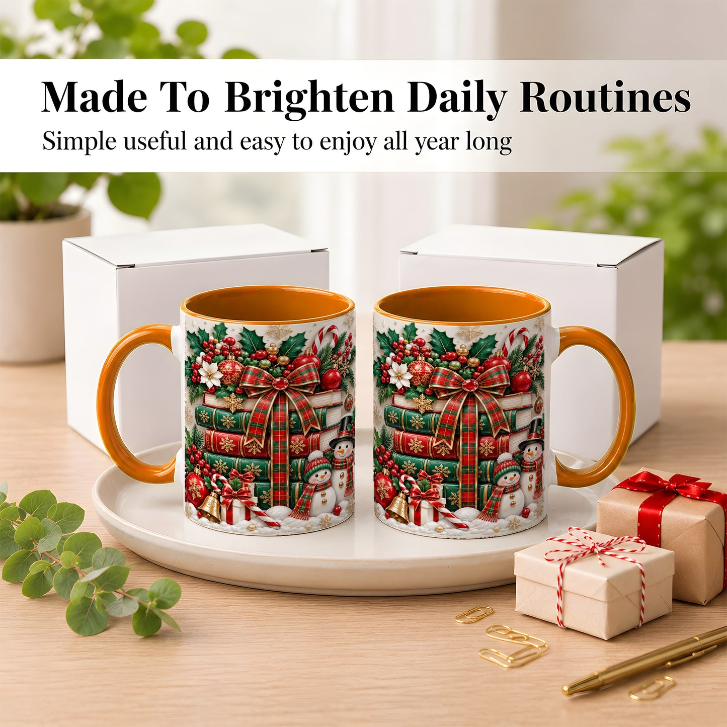 #pl[11oz|Orange] Classic Book Stack Coffee Mug, Snowman Christmas Mug, Ceramic Cup