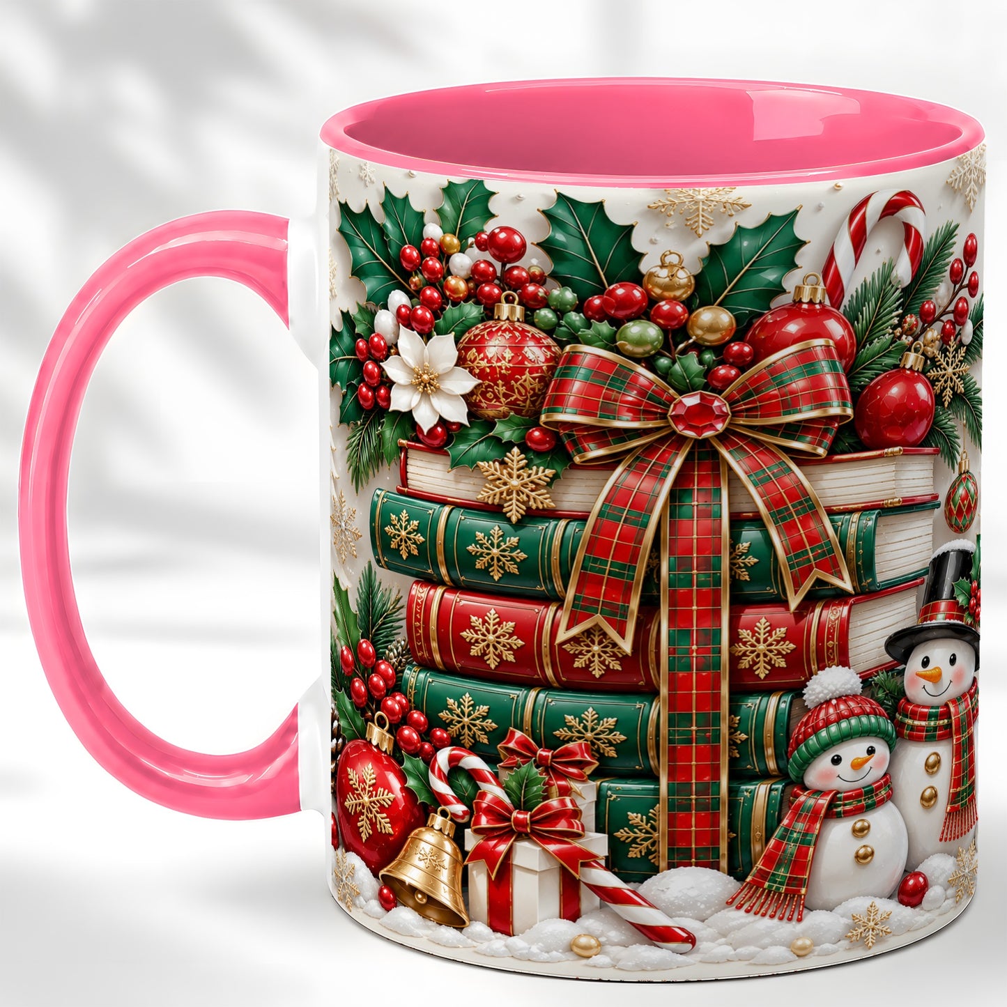 #pl[11oz|Pink] Classic Book Stack Coffee Mug, Snowman Christmas Mug, Ceramic Cup