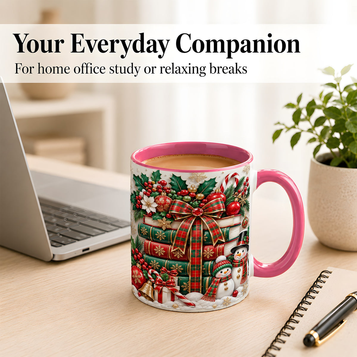 #pl[11oz|Pink] Classic Book Stack Coffee Mug, Snowman Christmas Mug, Ceramic Cup