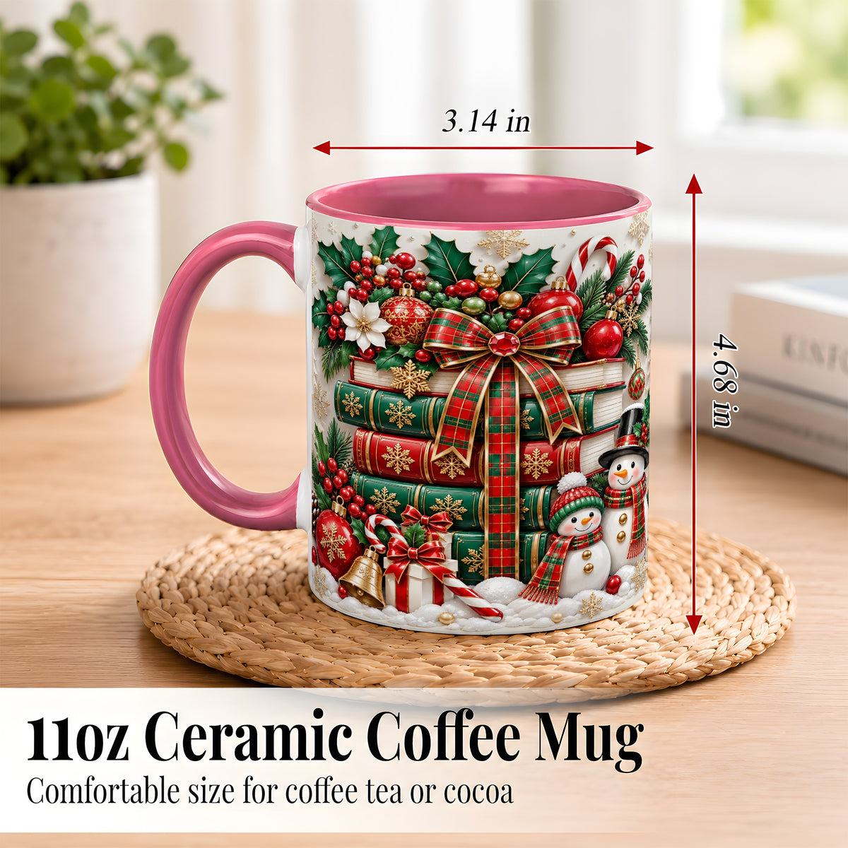 #pl[11oz|Pink] Classic Book Stack Coffee Mug, Snowman Christmas Mug, Ceramic Cup