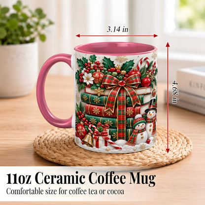 #pl[11oz|Pink] Classic Book Stack Coffee Mug, Snowman Christmas Mug, Ceramic Cup