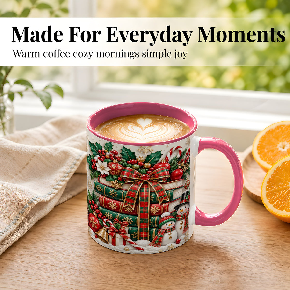#pl[11oz|Pink] Classic Book Stack Coffee Mug, Snowman Christmas Mug, Ceramic Cup