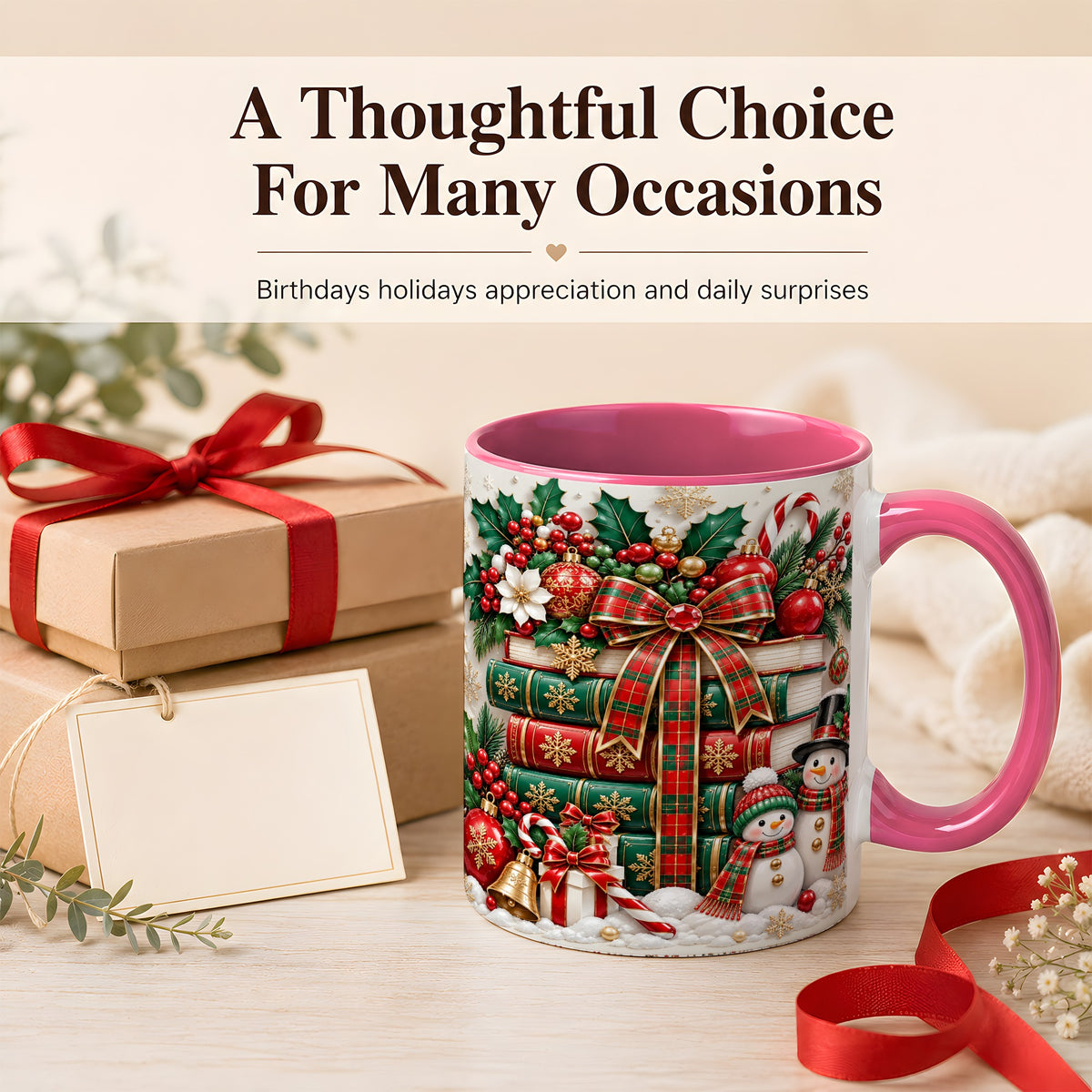 #pl[11oz|Pink] Classic Book Stack Coffee Mug, Snowman Christmas Mug, Ceramic Cup