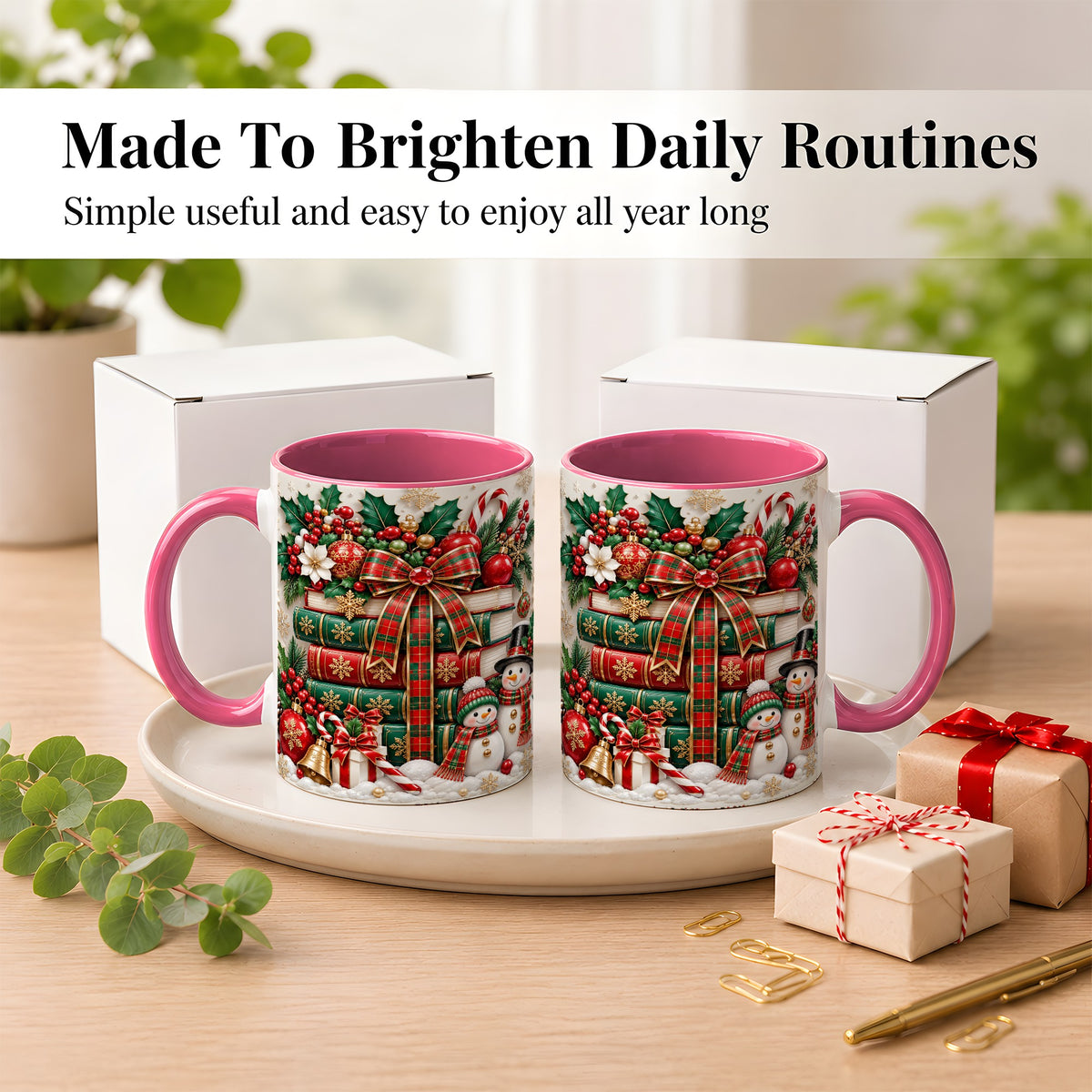#pl[11oz|Pink] Classic Book Stack Coffee Mug, Snowman Christmas Mug, Ceramic Cup