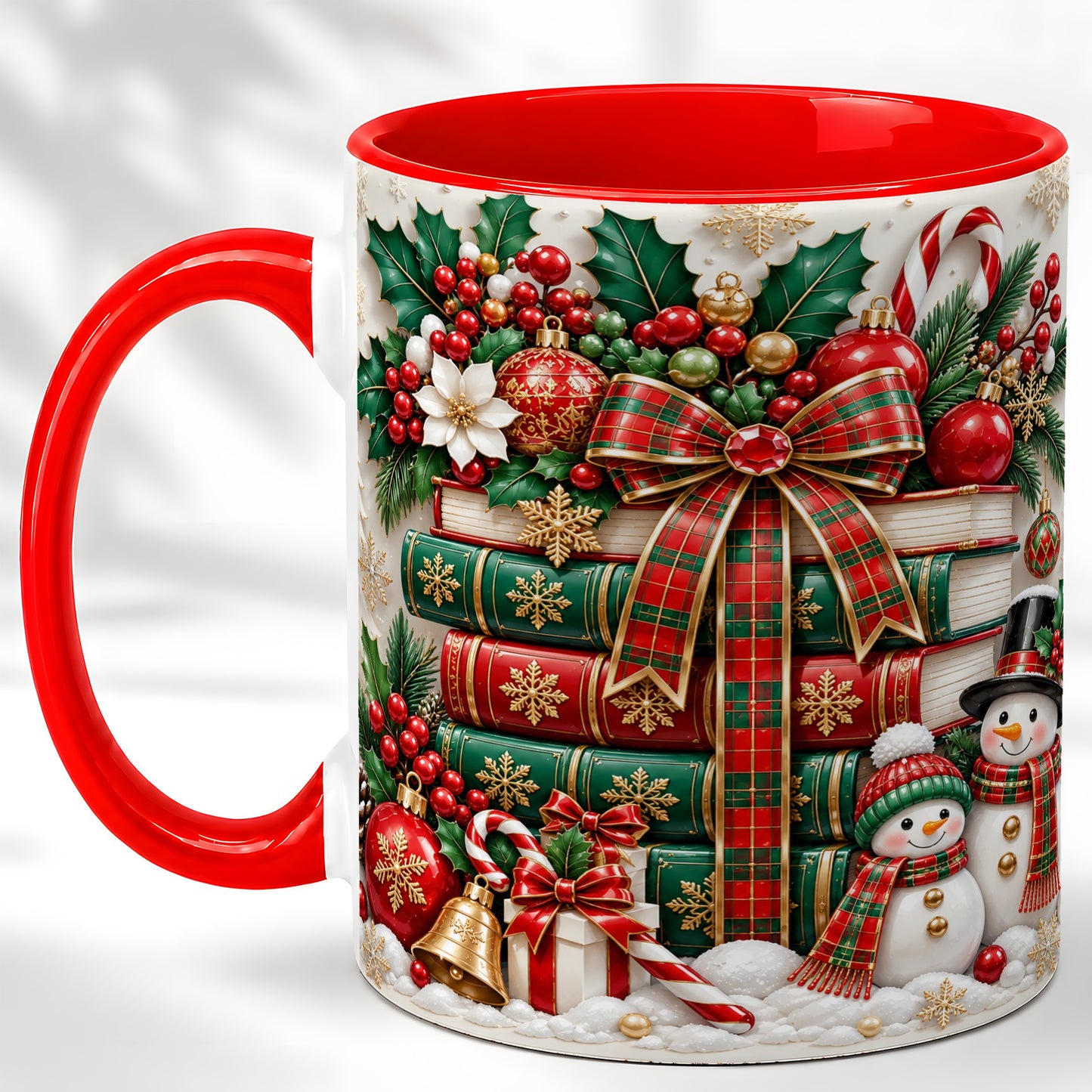 Classic Book Stack Coffee Mug, Snowman Christmas Mug, Ceramic Cup