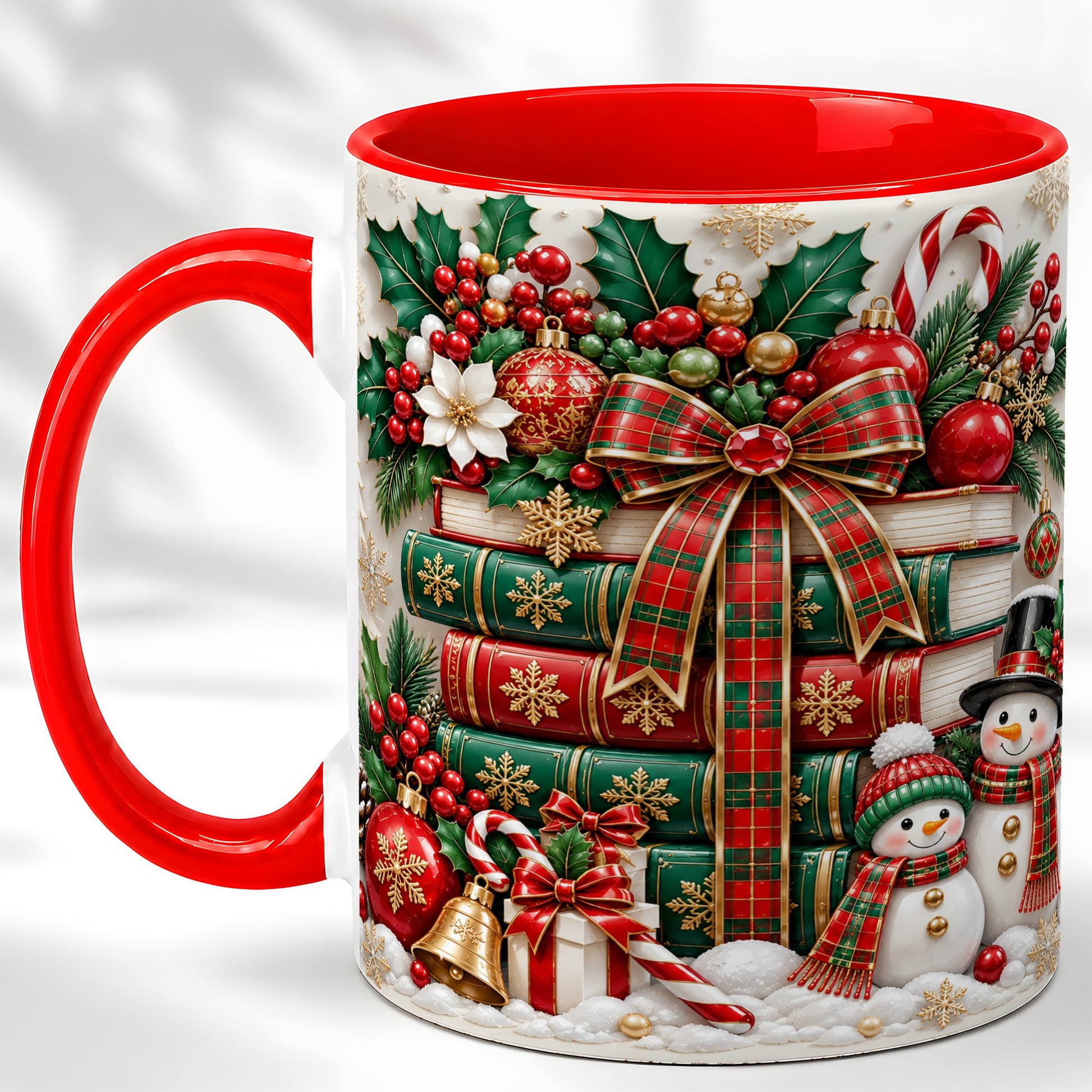 Classic Book Stack Coffee Mug, Snowman Christmas Mug, Ceramic Cup