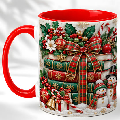 Classic Book Stack Coffee Mug, Snowman Christmas Mug, Ceramic Cup