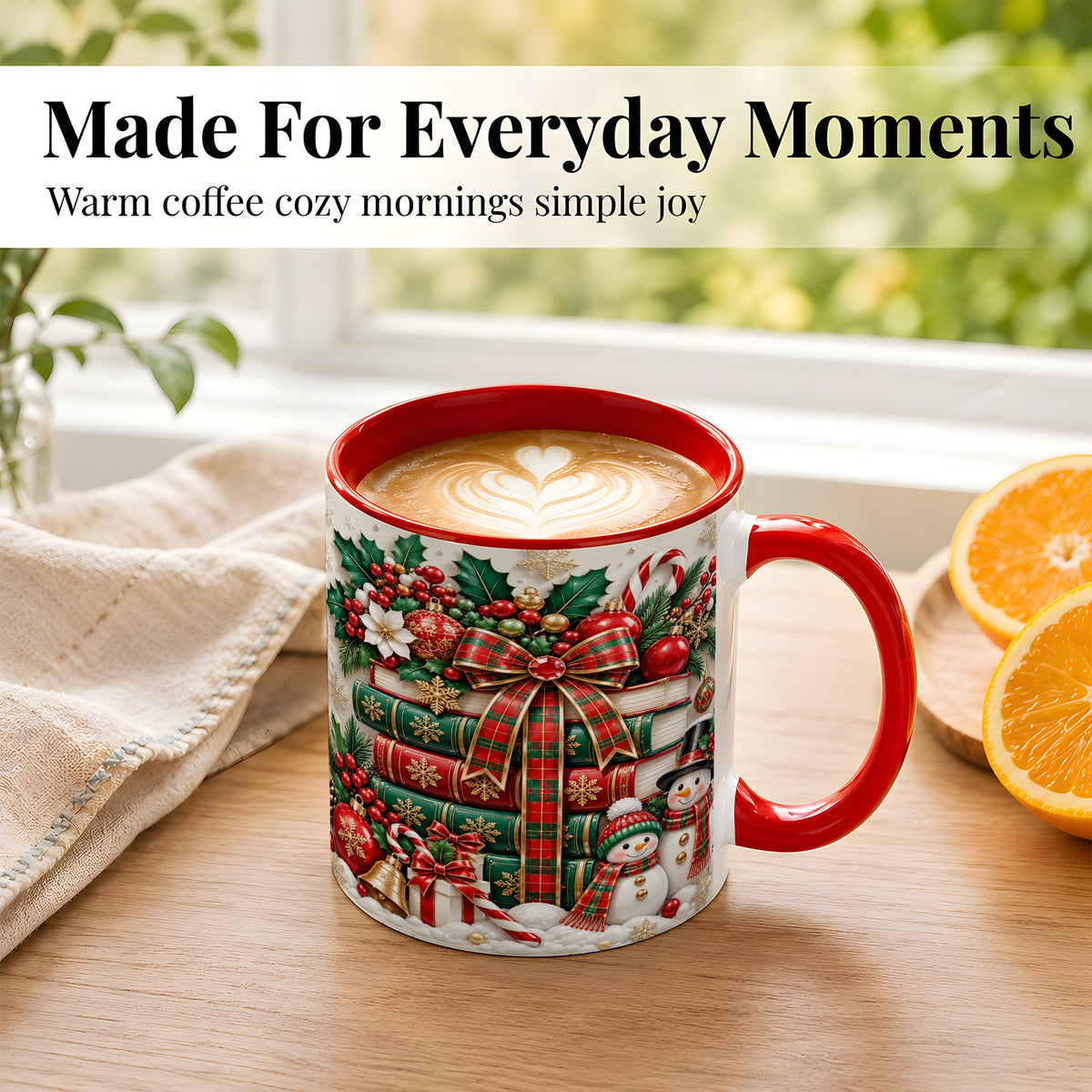 #pl[11oz|Red] Classic Book Stack Coffee Mug, Snowman Christmas Mug, Ceramic Cup