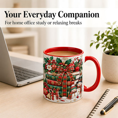 #pl[11oz|Red] Classic Book Stack Coffee Mug, Snowman Christmas Mug, Ceramic Cup