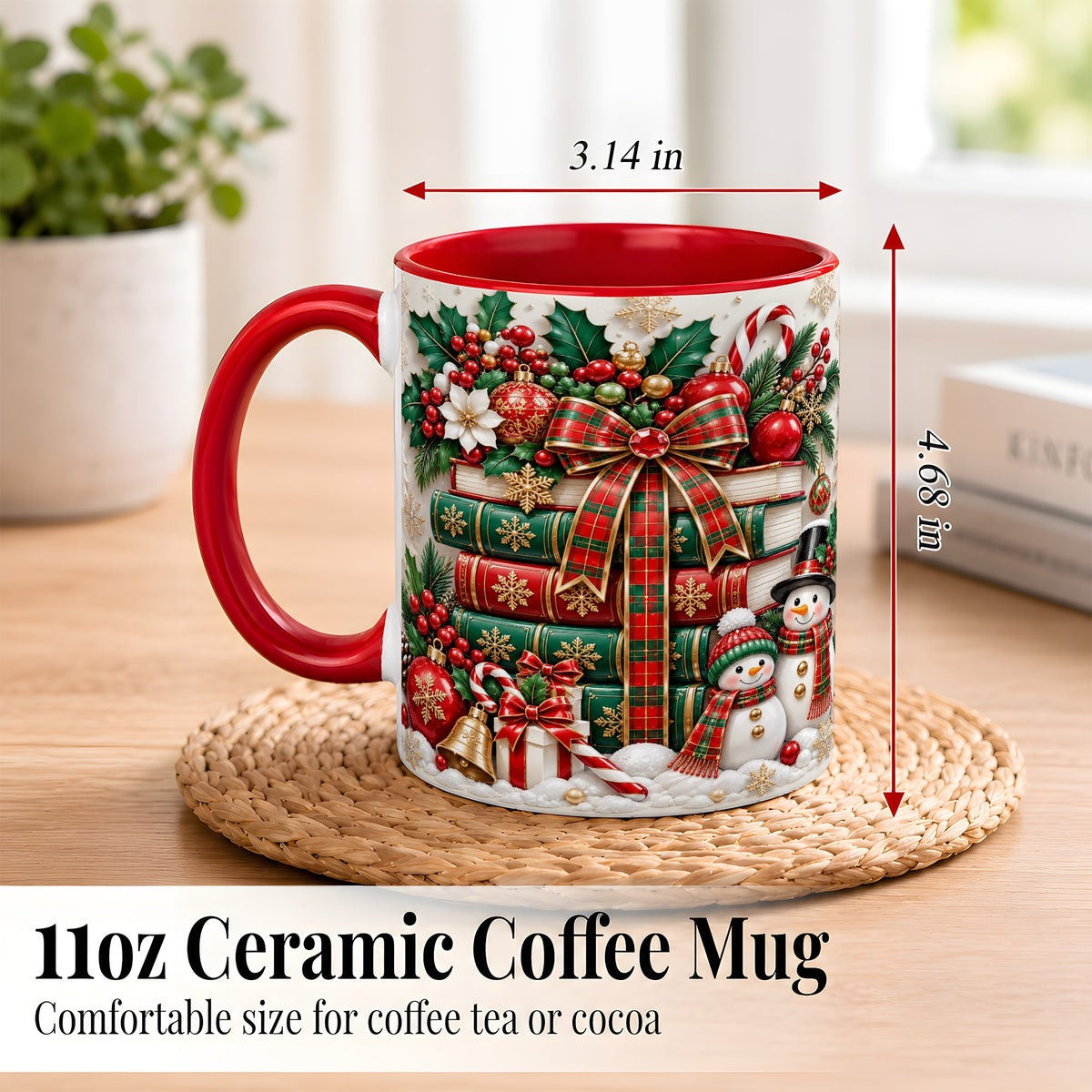#pl[11oz|Red] Classic Book Stack Coffee Mug, Snowman Christmas Mug, Ceramic Cup