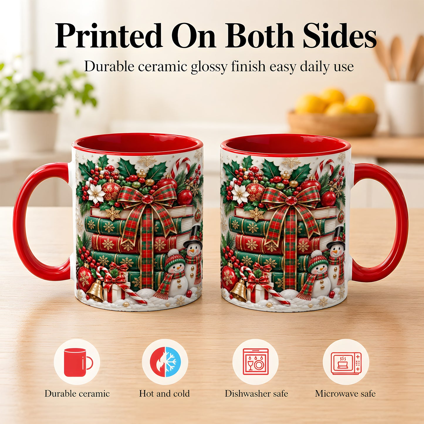 #pl[11oz|Red] Classic Book Stack Coffee Mug, Snowman Christmas Mug, Ceramic Cup