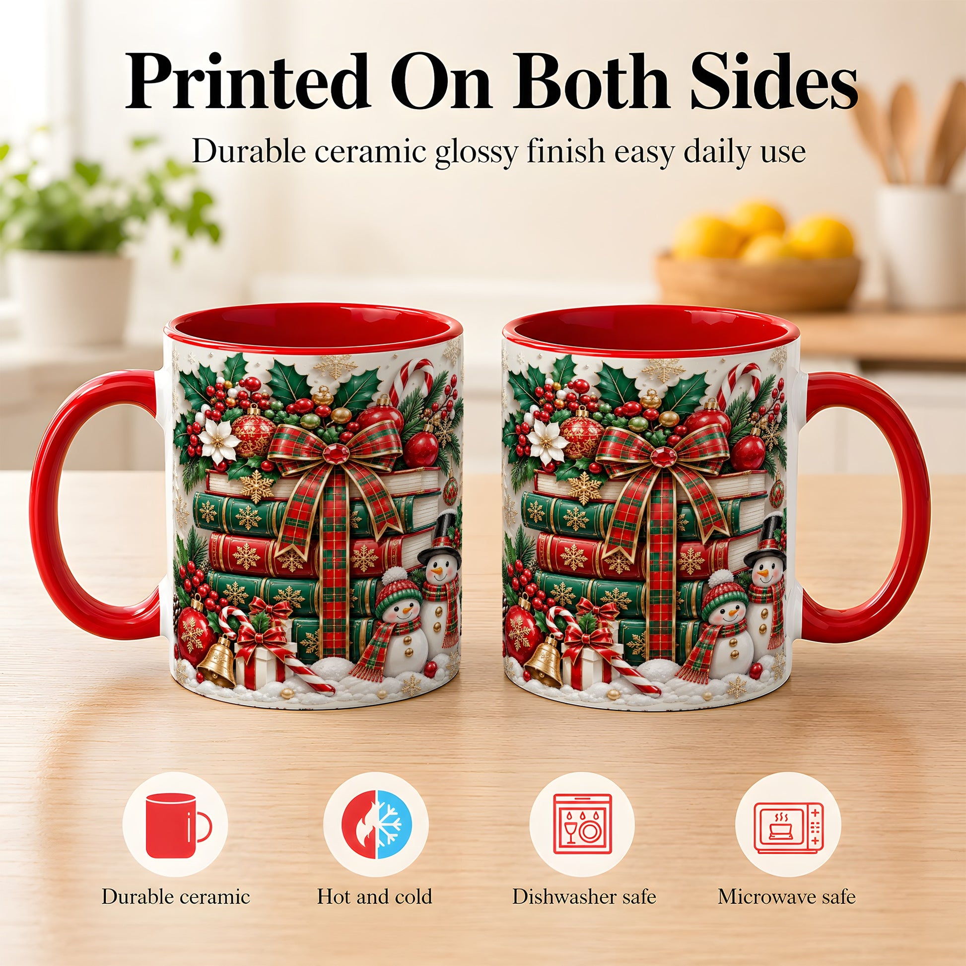 #pl[11oz|Red] Classic Book Stack Coffee Mug, Snowman Christmas Mug, Ceramic Cup