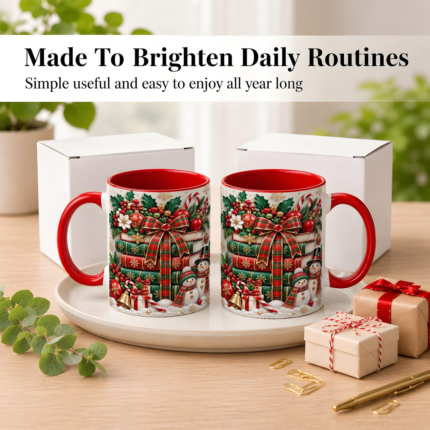 #pl[11oz|Red] Classic Book Stack Coffee Mug, Snowman Christmas Mug, Ceramic Cup