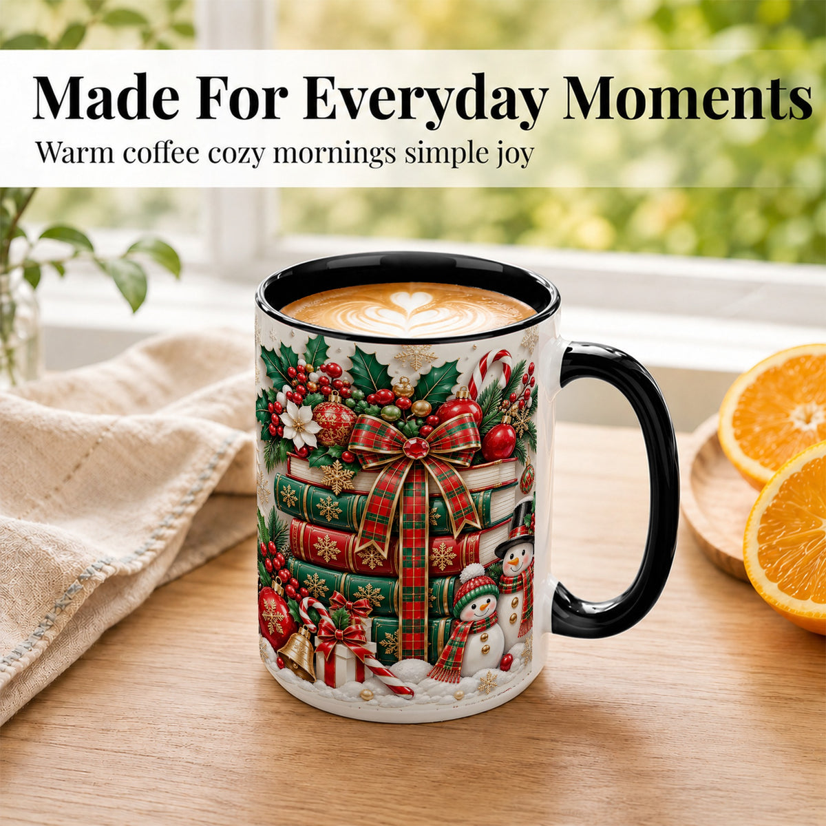 #pl[15oz|Black] Classic Book Stack Coffee Mug, Snowman Christmas Mug, Ceramic Cup