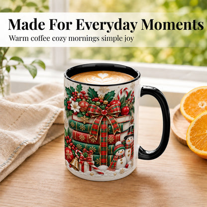 #pl[15oz|Black] Classic Book Stack Coffee Mug, Snowman Christmas Mug, Ceramic Cup