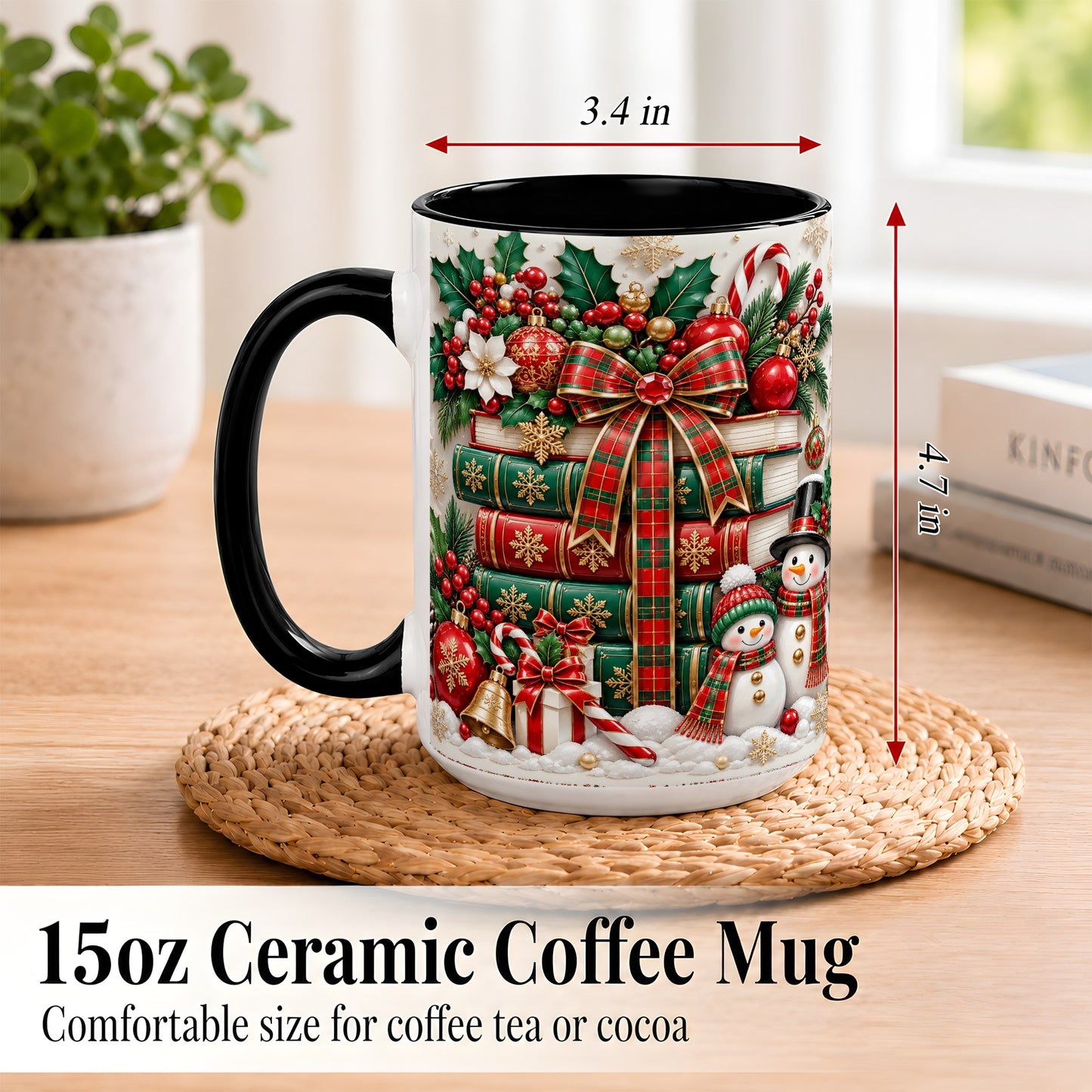 #pl[15oz|Black] Classic Book Stack Coffee Mug, Snowman Christmas Mug, Ceramic Cup