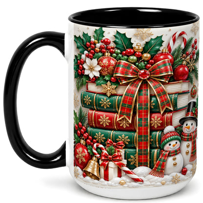 #pl[15oz|Black] Classic Book Stack Coffee Mug, Snowman Christmas Mug, Ceramic Cup