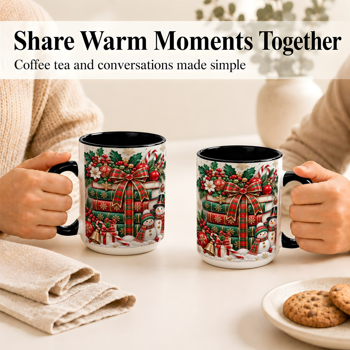 #pl[15oz|Black] Classic Book Stack Coffee Mug, Snowman Christmas Mug, Ceramic Cup