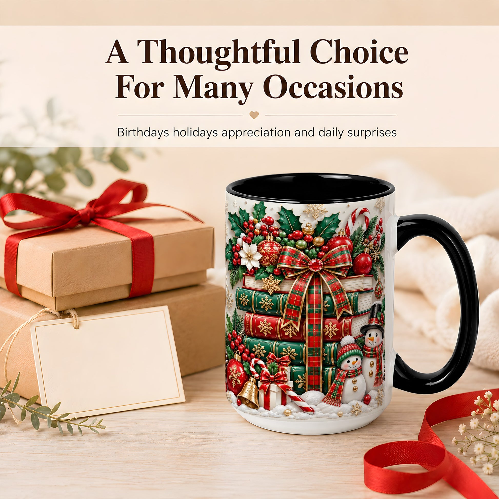#pl[15oz|Black] Classic Book Stack Coffee Mug, Snowman Christmas Mug, Ceramic Cup