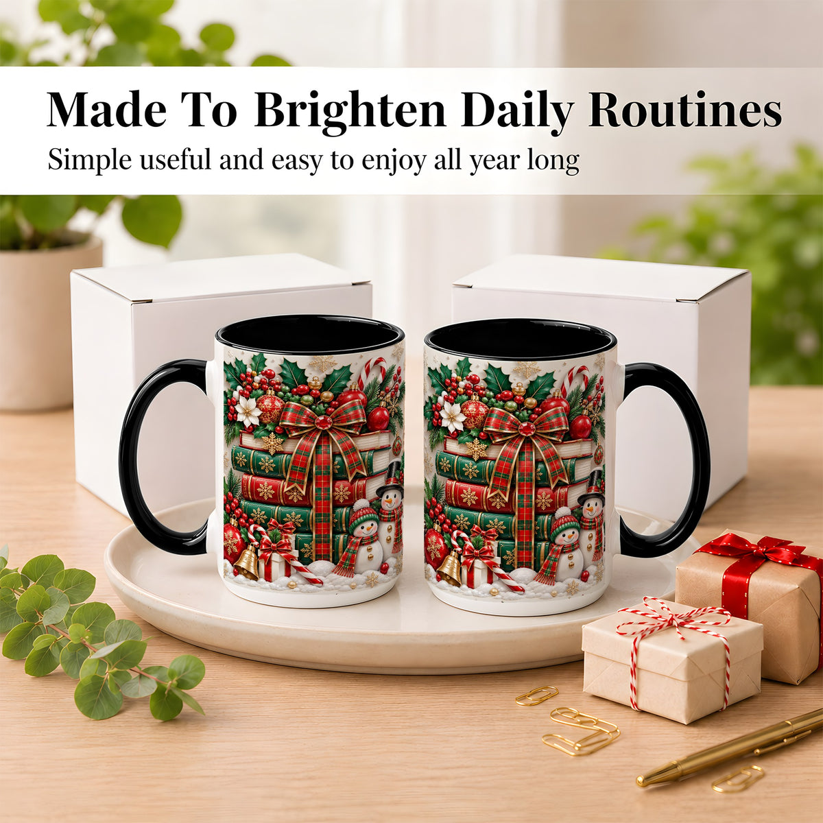 #pl[15oz|Black] Classic Book Stack Coffee Mug, Snowman Christmas Mug, Ceramic Cup