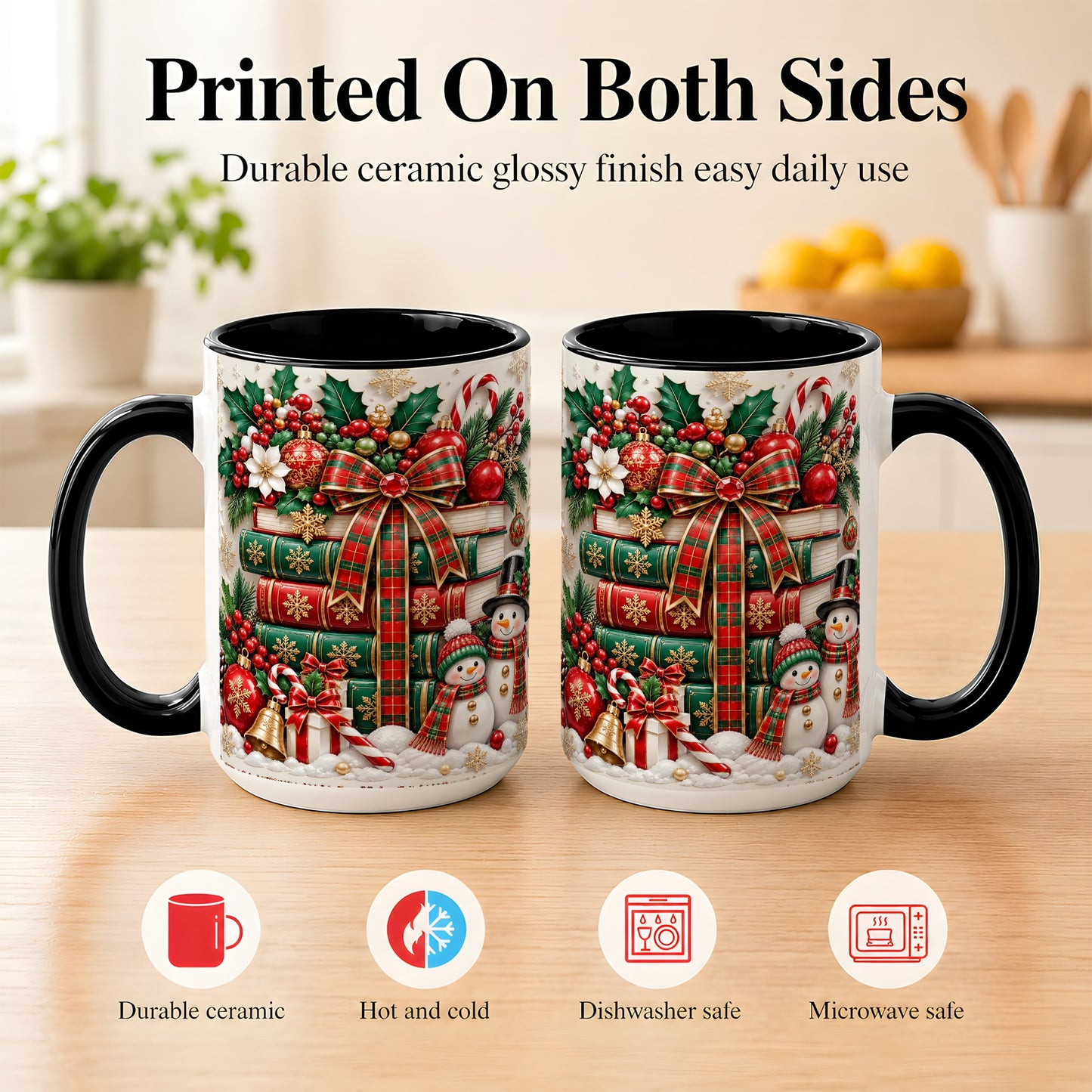 #pl[15oz|Black] Classic Book Stack Coffee Mug, Snowman Christmas Mug, Ceramic Cup