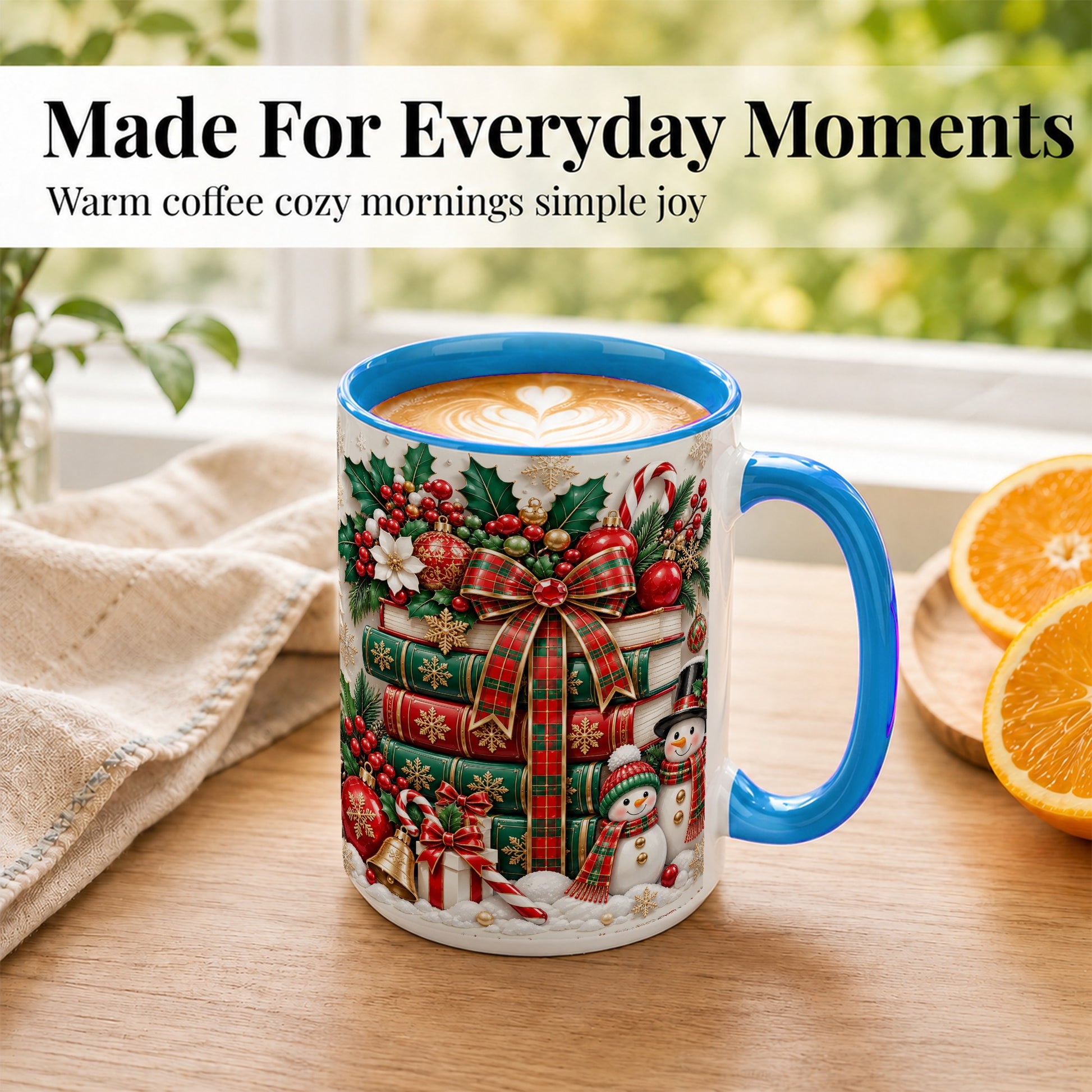 #pl[15oz|Blue] Classic Book Stack Coffee Mug, Snowman Christmas Mug, Ceramic Cup