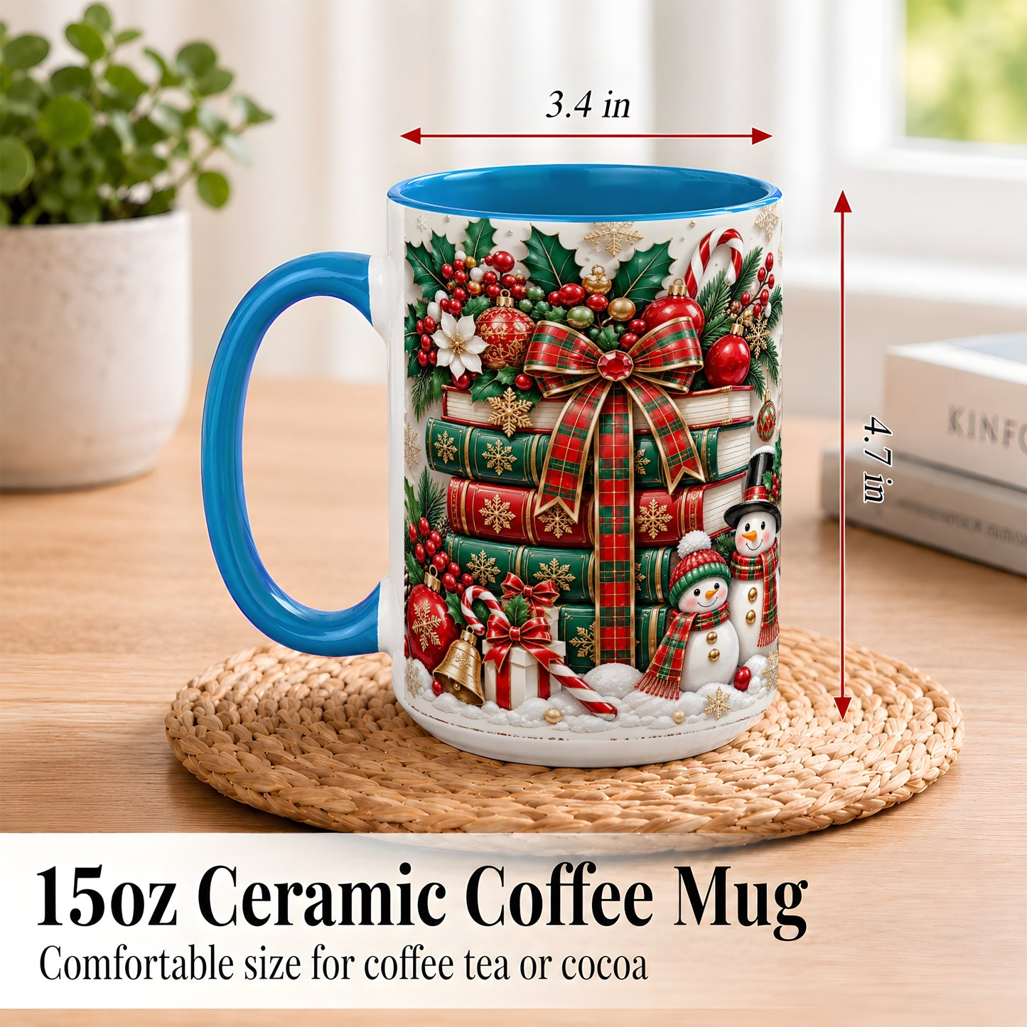 #pl[15oz|Blue] Classic Book Stack Coffee Mug, Snowman Christmas Mug, Ceramic Cup
