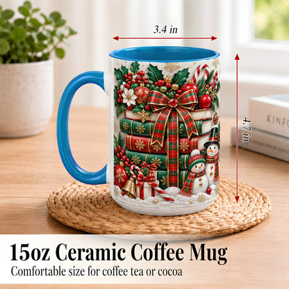 #pl[15oz|Blue] Classic Book Stack Coffee Mug, Snowman Christmas Mug, Ceramic Cup