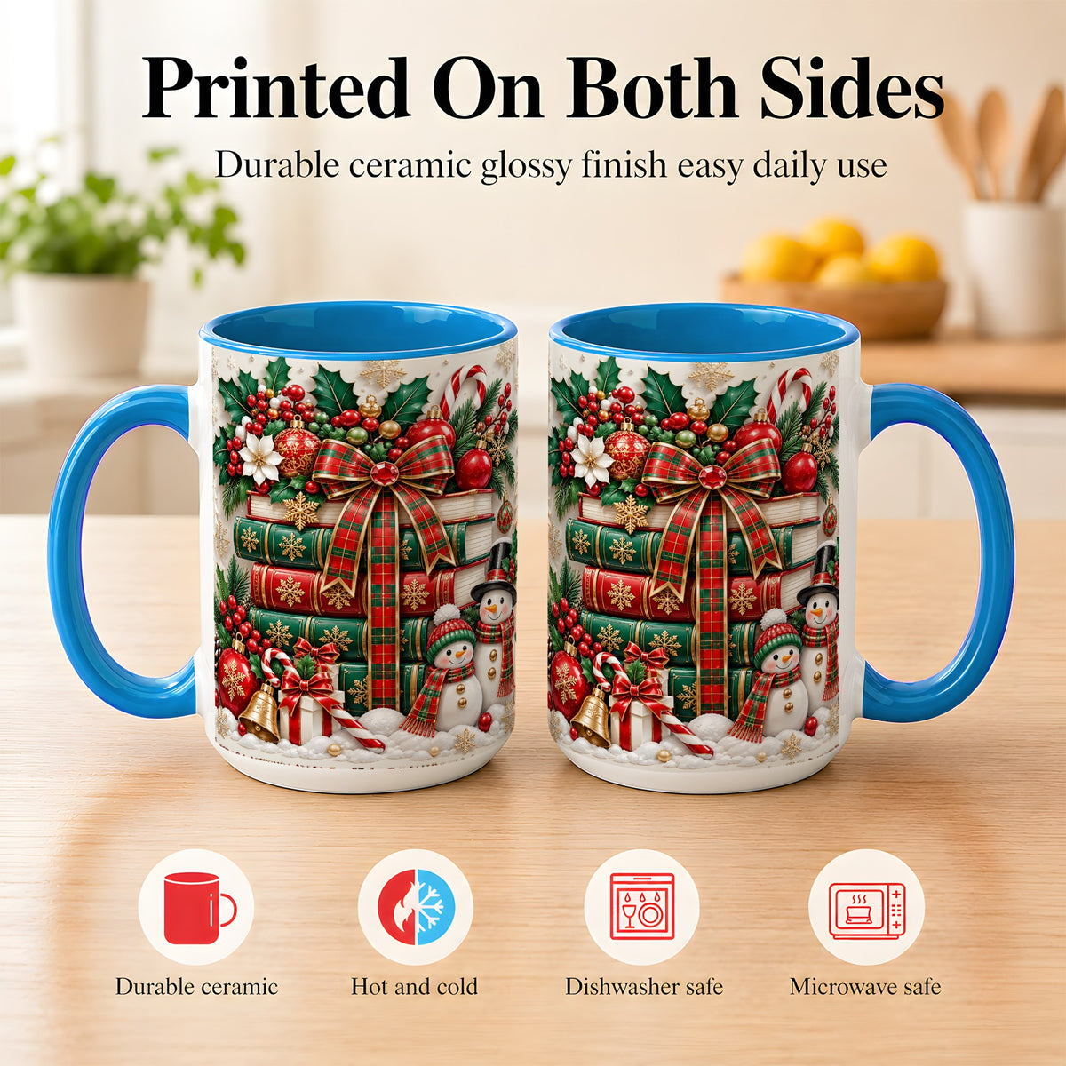 #pl[15oz|Blue] Classic Book Stack Coffee Mug, Snowman Christmas Mug, Ceramic Cup