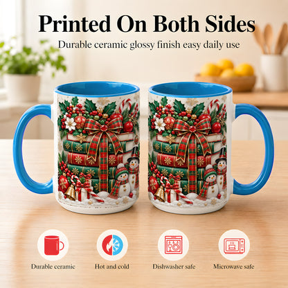 #pl[15oz|Blue] Classic Book Stack Coffee Mug, Snowman Christmas Mug, Ceramic Cup