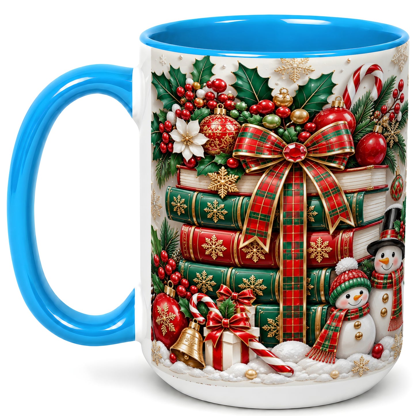 #pl[15oz|Blue] Classic Book Stack Coffee Mug, Snowman Christmas Mug, Ceramic Cup