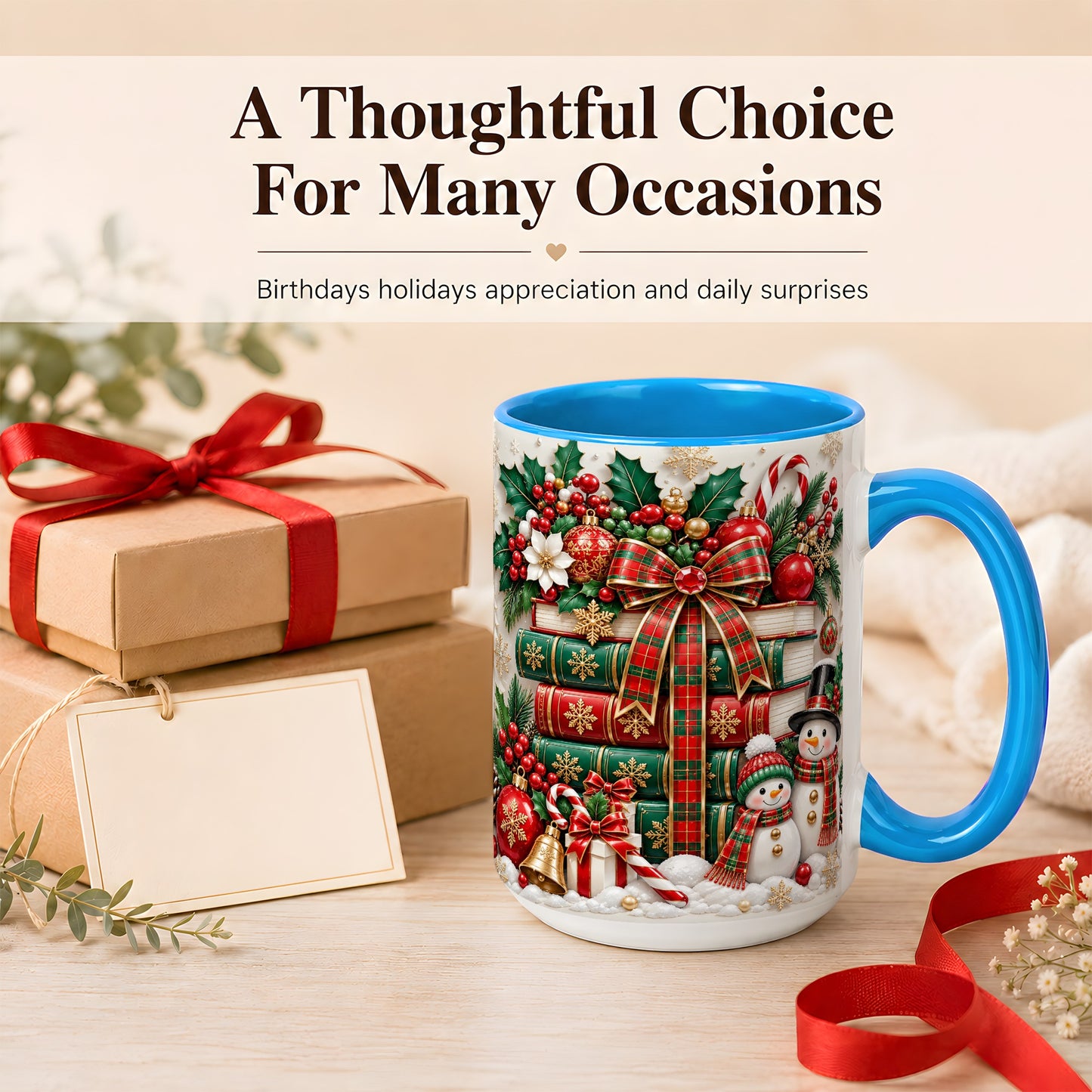 #pl[15oz|Blue] Classic Book Stack Coffee Mug, Snowman Christmas Mug, Ceramic Cup