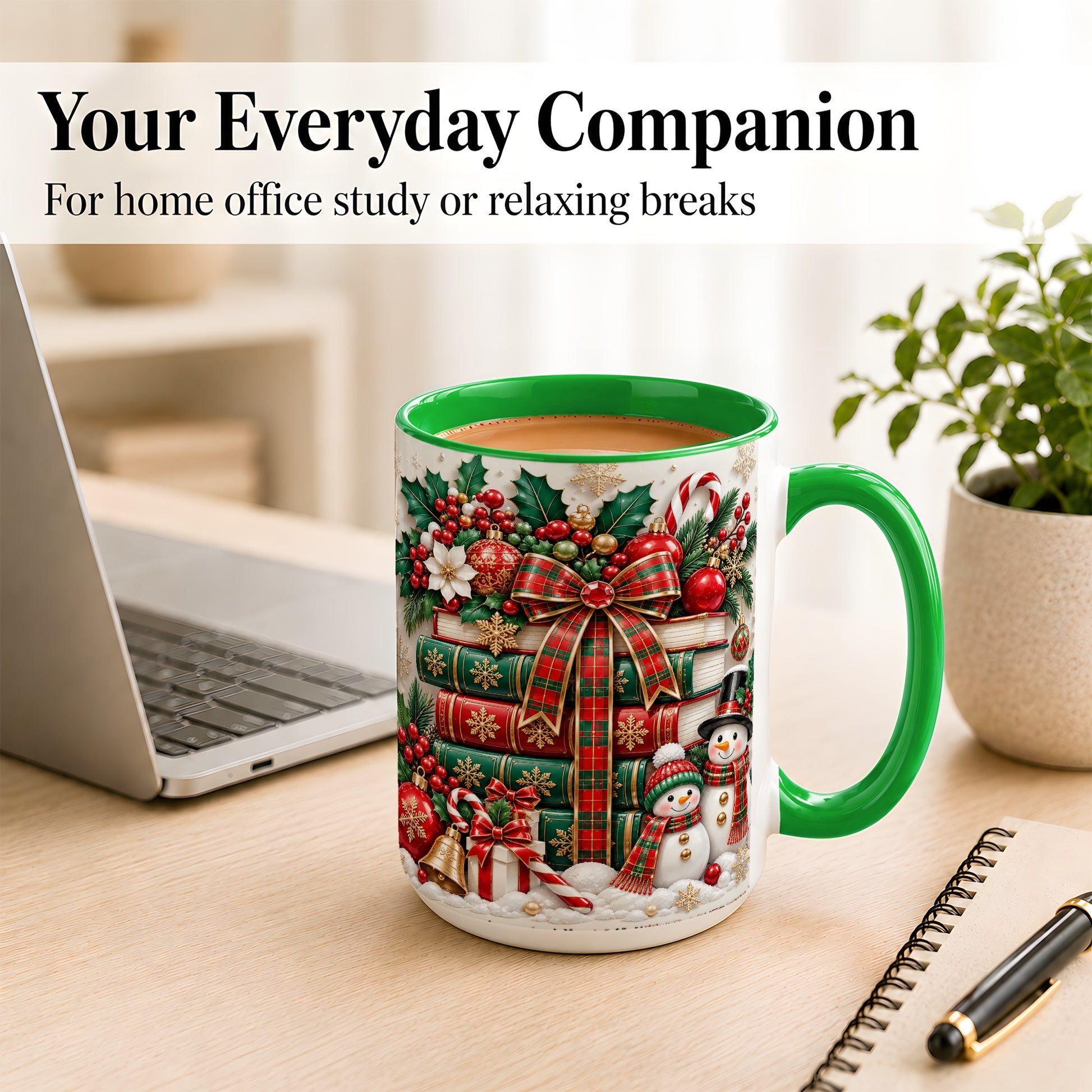 #pl[15oz|Green] Classic Book Stack Coffee Mug, Snowman Christmas Mug, Ceramic Cup