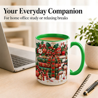 #pl[15oz|Green] Classic Book Stack Coffee Mug, Snowman Christmas Mug, Ceramic Cup