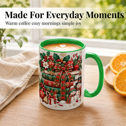 #pl[15oz|Green] Classic Book Stack Coffee Mug, Snowman Christmas Mug, Ceramic Cup