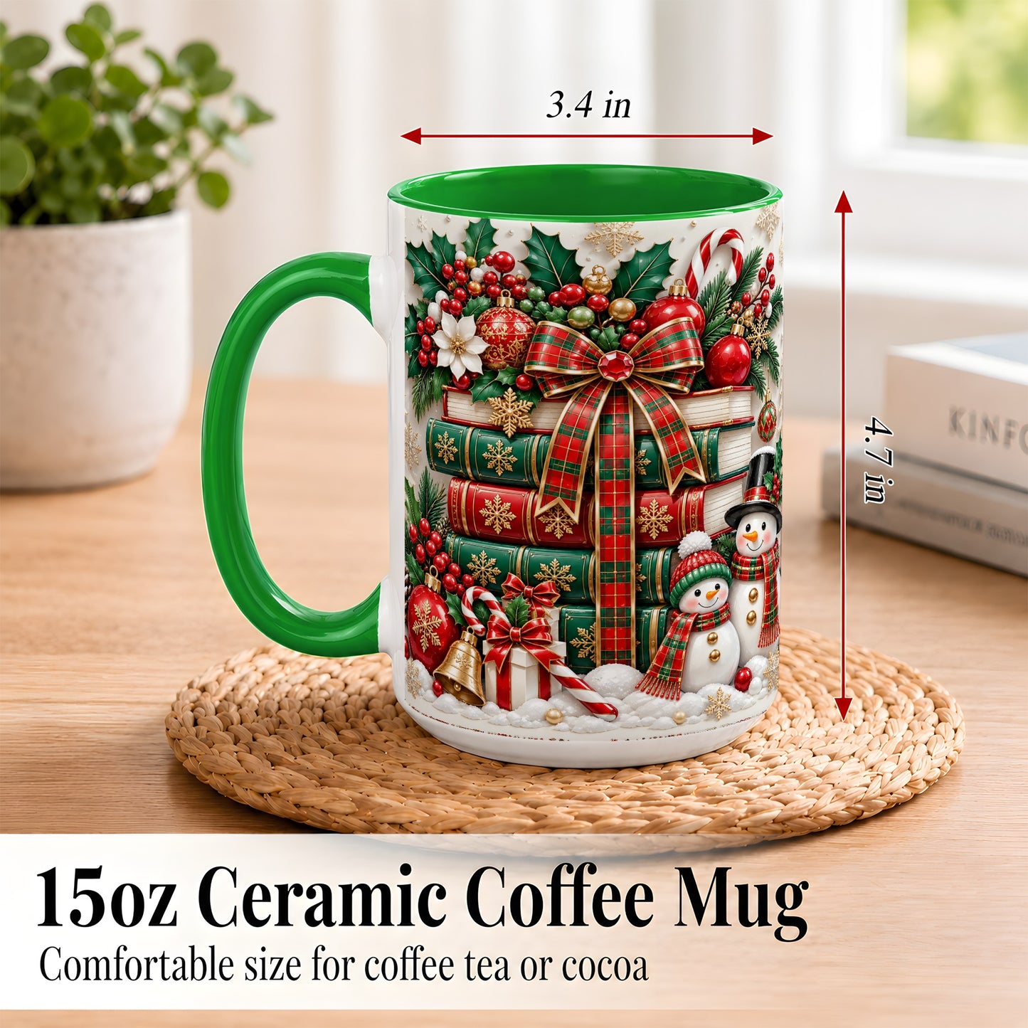 #pl[15oz|Green] Classic Book Stack Coffee Mug, Snowman Christmas Mug, Ceramic Cup