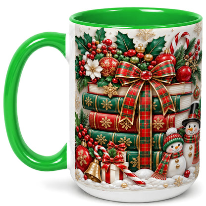 #pl[15oz|Green] Classic Book Stack Coffee Mug, Snowman Christmas Mug, Ceramic Cup