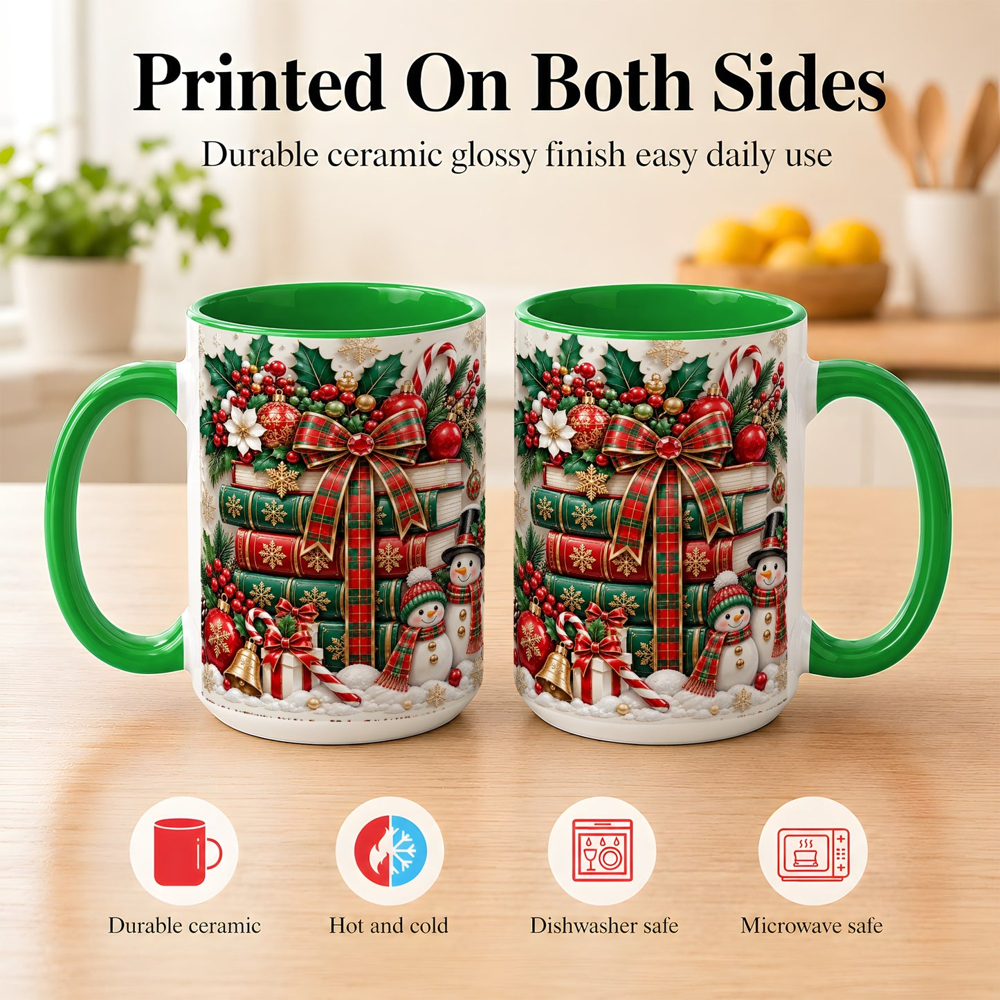 #pl[15oz|Green] Classic Book Stack Coffee Mug, Snowman Christmas Mug, Ceramic Cup
