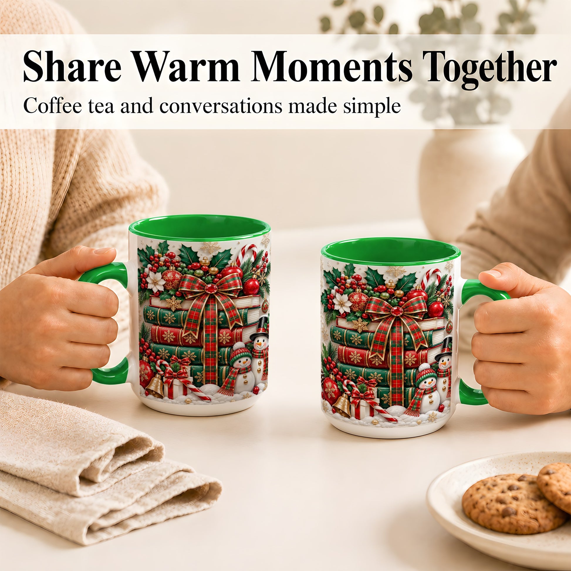 #pl[15oz|Green] Classic Book Stack Coffee Mug, Snowman Christmas Mug, Ceramic Cup