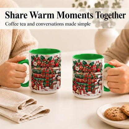 #pl[15oz|Green] Classic Book Stack Coffee Mug, Snowman Christmas Mug, Ceramic Cup