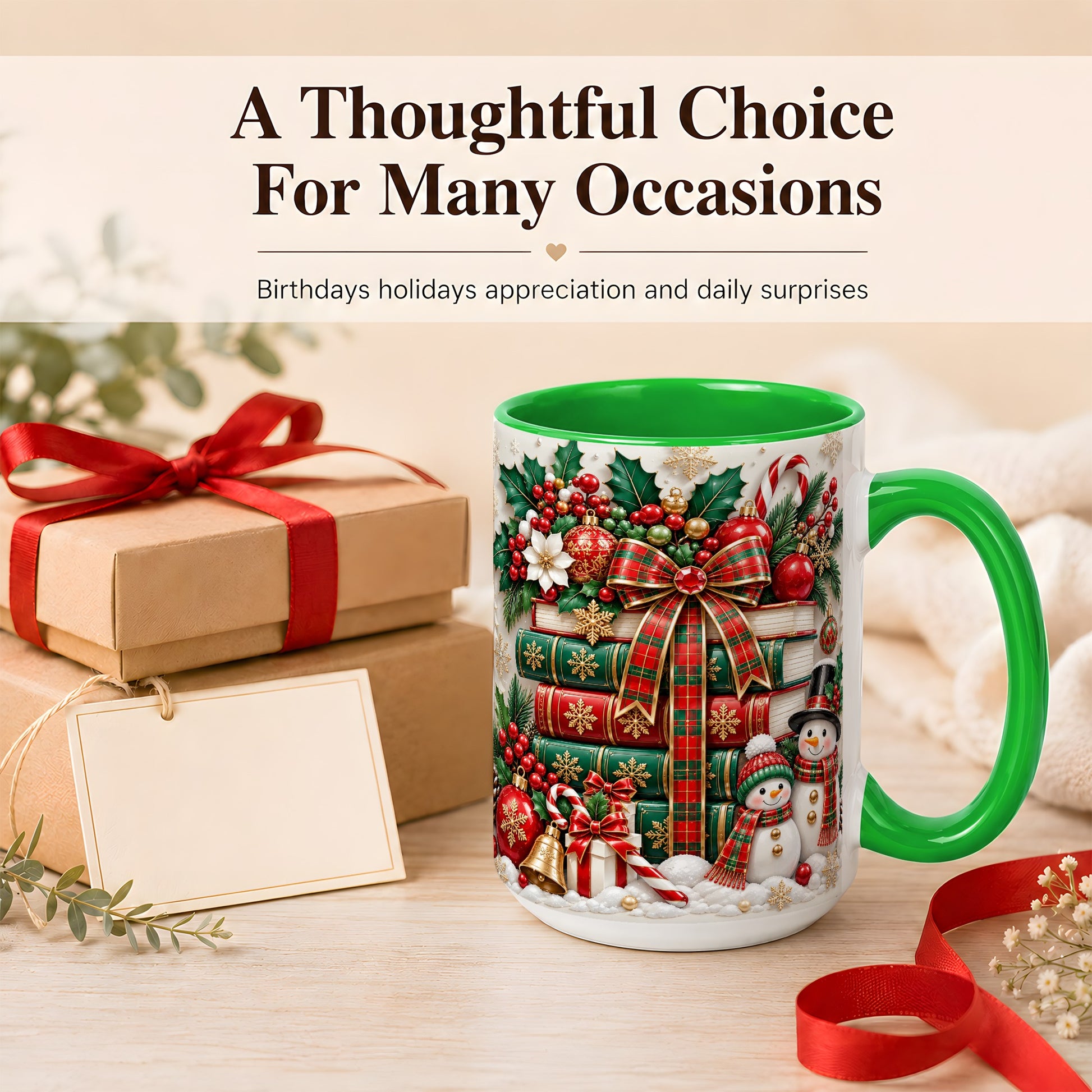 #pl[15oz|Green] Classic Book Stack Coffee Mug, Snowman Christmas Mug, Ceramic Cup